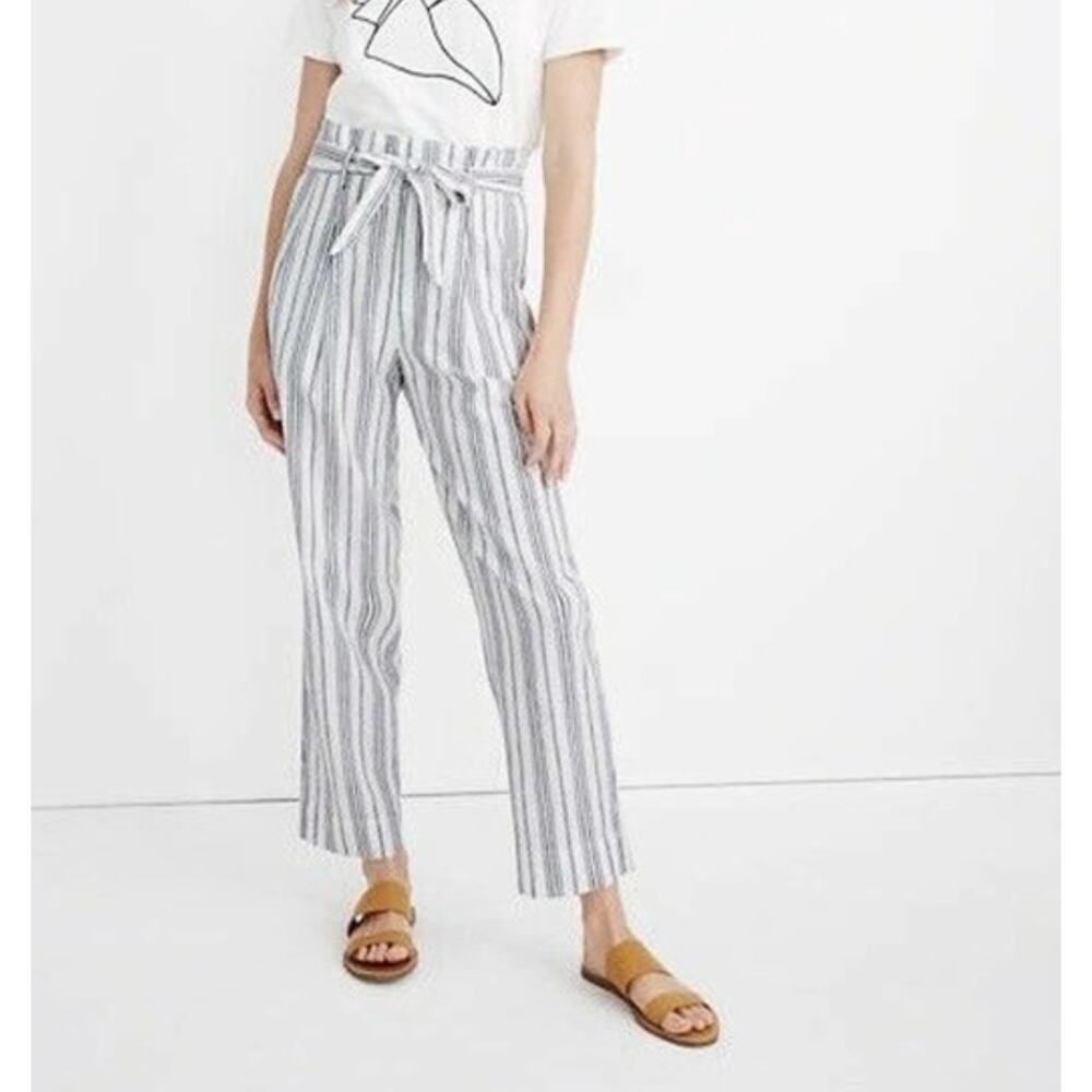 Madewell Linen Cotton Paperbag Pants Dark Baltic Stripe Women's 12 Coastal